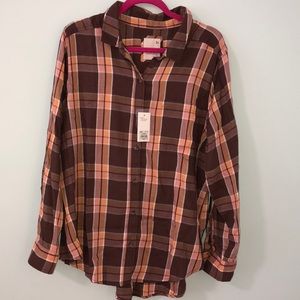 NWT Women’s SO brand from Kohls pink, brown and peach plaid flannel shirt, XXL